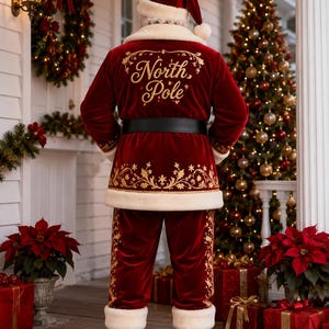 May include: A deep red velvet Santa suit featuring white faux fur trim on the hat, jacket, and pants. The jacket back displays gold embroidered scrollwork and the text North Pole. A black belt is worn at the waist, paired with black boots.