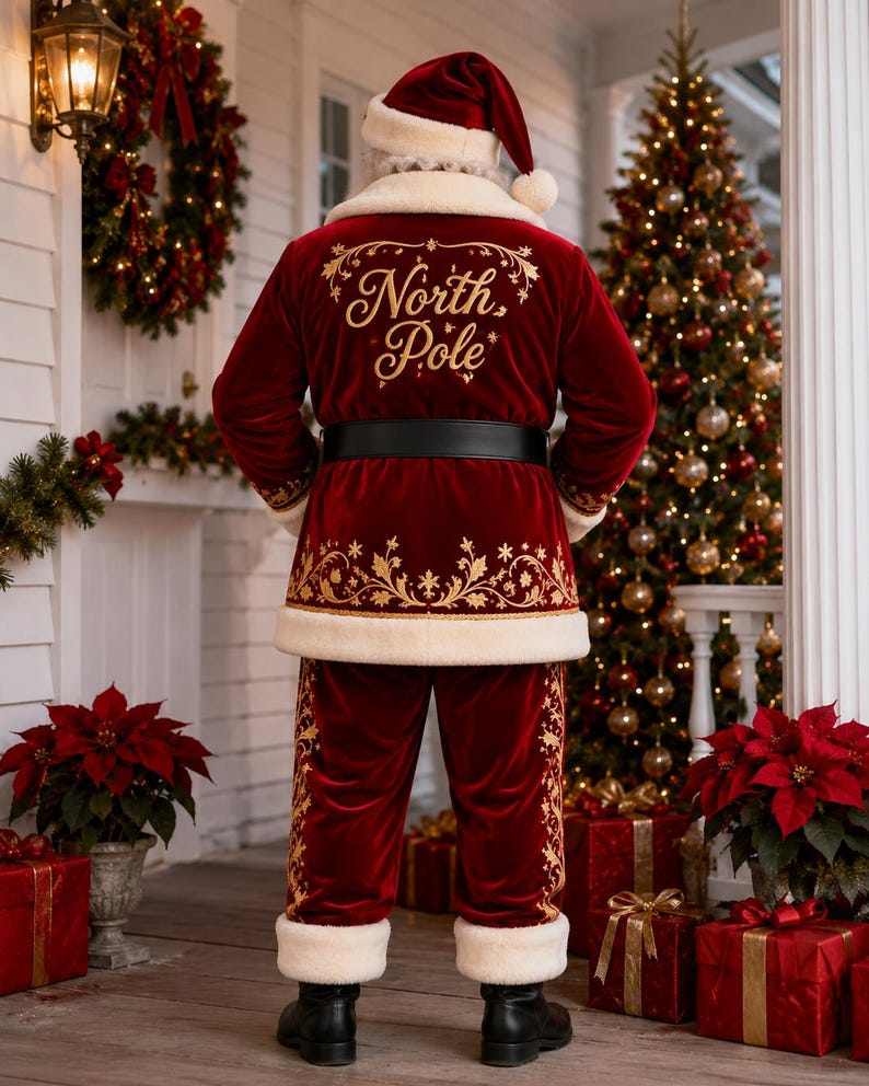 May include: A deep red velvet Santa suit featuring white faux fur trim on the hat, jacket, and pants. The jacket back displays gold embroidered scrollwork and the text North Pole. A black belt is worn at the waist, paired with black boots.