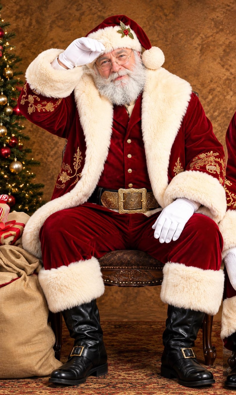 May include: Santa Claus wearing a deep red velvet coat and trousers with thick cream-coloured faux fur trim, gold embroidery on the sleeves, a wide ornate gold belt buckle, white gloves, and black leather boots with silver buckles.