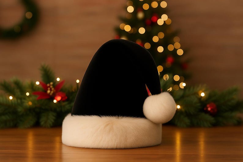May include: A black velvet Santa hat featuring a thick, plush white faux fur trim around the base and a matching white pom-pom attached to the tip. The hat has a smooth, dark texture and a rounded, conical shape that tapers toward the top.