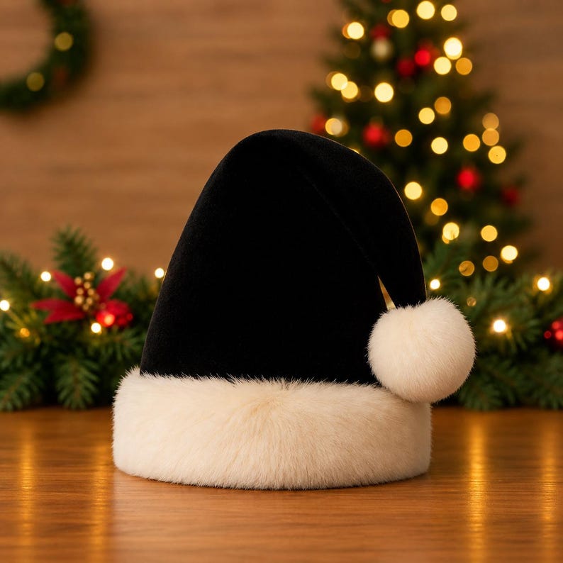 May include: A black velvet hat with a thick, cream-colored faux fur trim around the base and a matching cream-colored faux fur pom-pom attached to the side. The hat features a soft, plush texture and a classic conical shape with a folded tip.