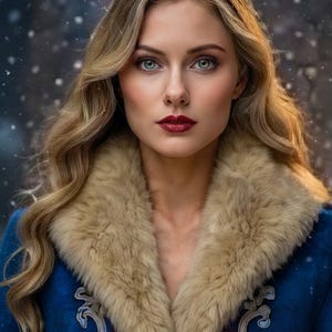 May include: A person with long wavy blonde hair and blue eyes wearing a deep blue coat with a large tan faux fur collar and light-colored embroidery details. The person has dark red lipstick and is positioned against a snowy background.