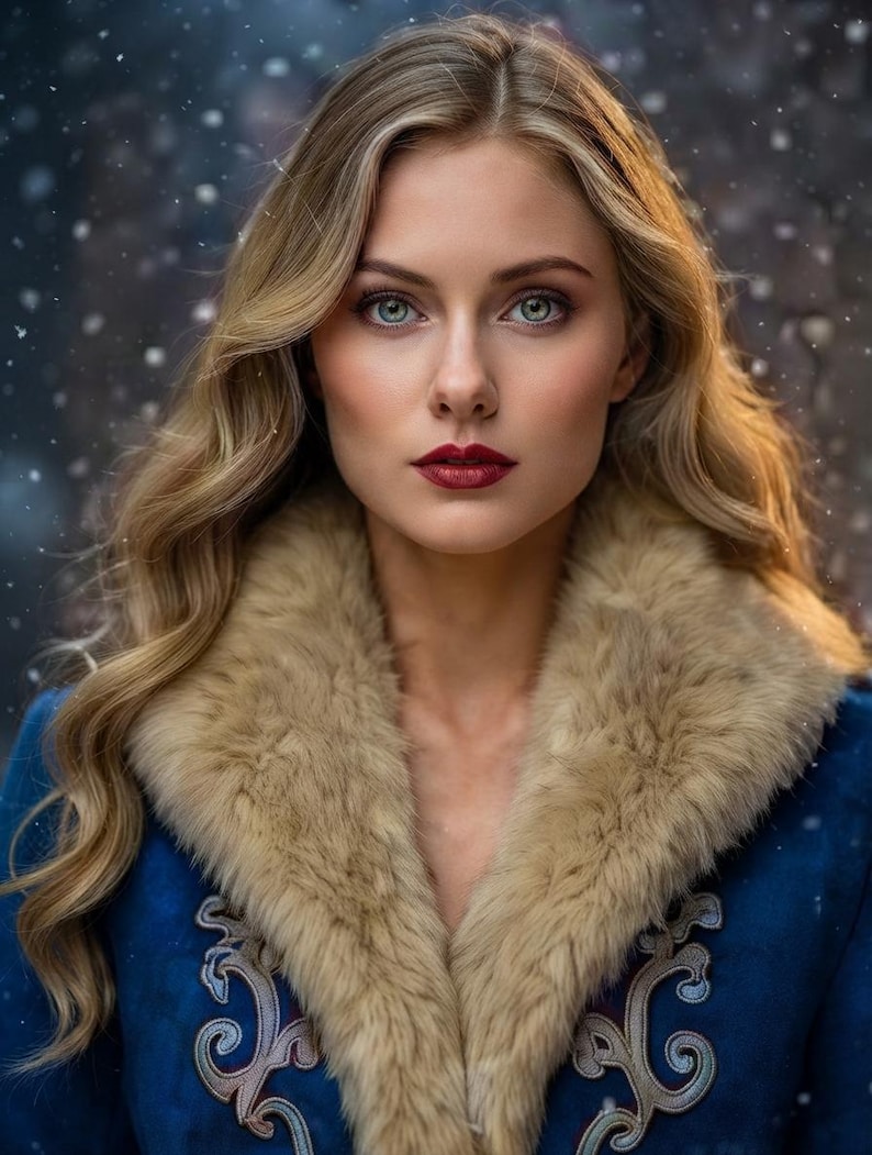 May include: A person with long wavy blonde hair and blue eyes wearing a deep blue coat with a large tan faux fur collar and light-colored embroidery details. The person has dark red lipstick and is positioned against a snowy background.