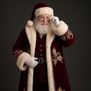May include: A Santa Claus figure wearing a deep red velvet coat with gold embroidery and thick white faux fur trim. The outfit includes a matching red hat with a white pom-pom, a dark vest, a black belt with a buckle, and white gloves.