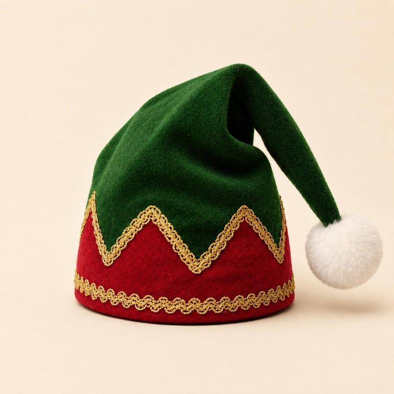 May include: A pointed hat featuring a dark green upper section and a red lower section. The two colors are separated by a gold zigzag trim, with an additional gold decorative trim along the bottom edge and a white pom-pom at the tip.