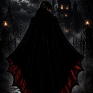 May include: A full-length black hooded cloak featuring a scalloped hemline with a vibrant red lining. The garment is worn by an individual standing before a dark, gothic-style castle under a bright full moon in a night sky with scattered clouds.