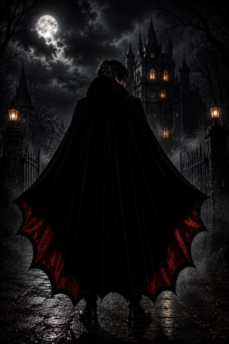 May include: A full-length black hooded cloak featuring a scalloped hemline with a vibrant red lining. The garment is worn by an individual standing before a dark, gothic-style castle under a bright full moon in a night sky with scattered clouds.