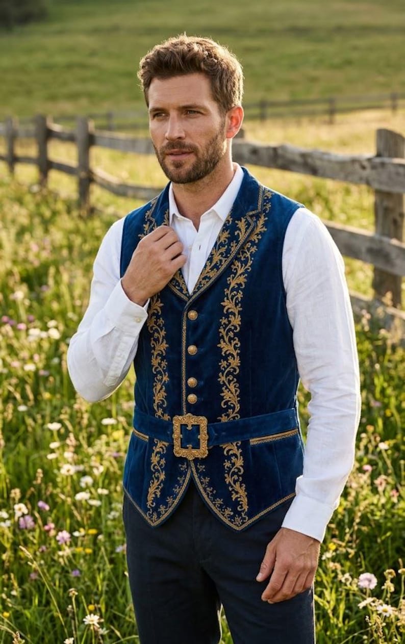 May include: A deep blue velvet vest featuring intricate gold embroidery along the lapels and front panels. The garment includes a matching blue velvet belt with a decorative gold buckle at the waist and four round gold buttons down the center.