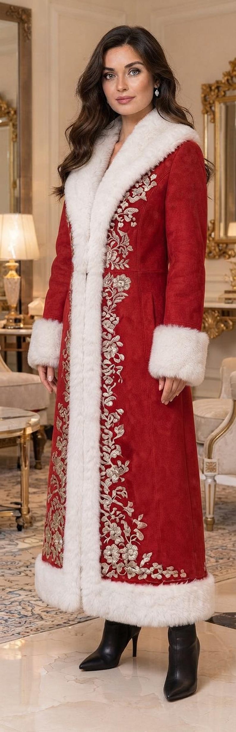 May include: A long red coat featuring white faux fur trim along the collar, cuffs, and hem. The coat is decorated with intricate silver floral embroidery running vertically along the front panels. It is paired with black pointed-toe ankle boots.