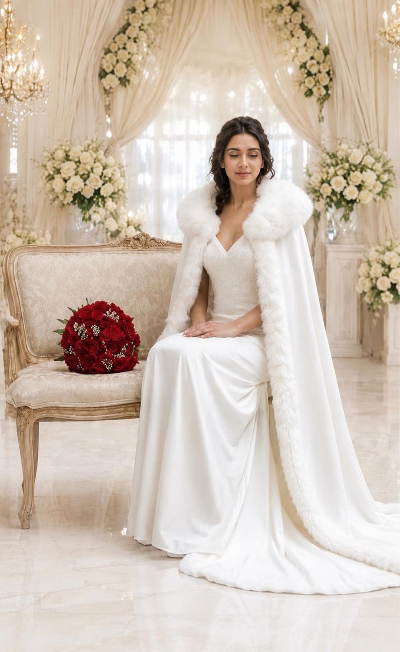 May include: A floor-length white wedding dress with a V-neckline and a matching white cape featuring a thick faux fur collar and trim. The cape drapes over the shoulders and extends to the floor, creating a long train. A bouquet of red roses sits nearby.