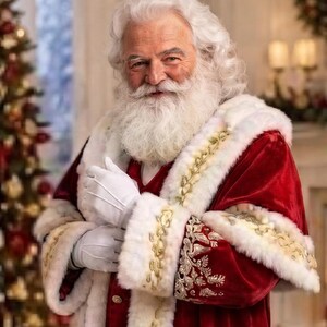 May include: A Santa Claus figure with a full white beard and hair, wearing a deep red velvet coat trimmed with thick white faux fur and gold embroidered detailing. The coat features white fur cuffs and white gloves on the hands.
