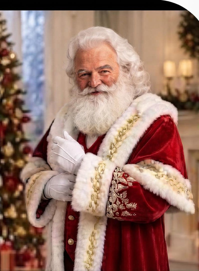 May include: A Santa Claus figure with a full white beard and hair, wearing a deep red velvet coat trimmed with thick white faux fur and gold embroidered detailing. The coat features white fur cuffs and white gloves on the hands.