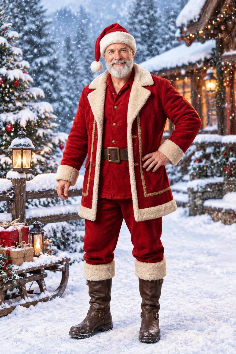 May include: A red velvet Santa Claus costume featuring a long coat with cream-colored faux fur trim, a matching red hat with a white pom-pom, red trousers with fur cuffs, a brown leather belt with a gold buckle, and brown leather boots.