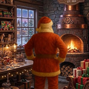 May include: A figure in a red and yellow suit stands in a workshop with a brick fireplace, a wooden sign reading CLAUS WORKSHOP EST. 1888, shelves of toys, a workbench with gears, and a window showing a snowy scene with a lit Christmas tree.