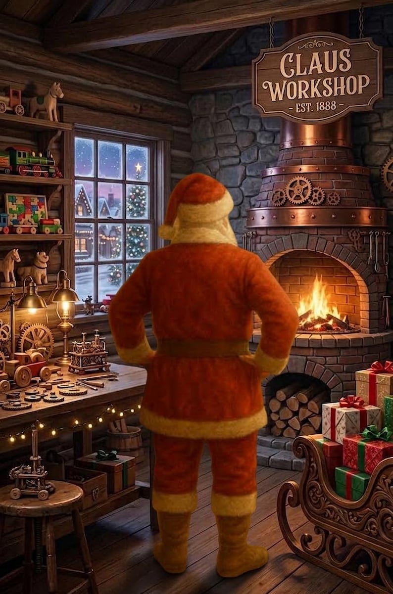 May include: A figure in a red and yellow suit stands in a workshop with a brick fireplace, a wooden sign reading CLAUS WORKSHOP EST. 1888, shelves of toys, a workbench with gears, and a window showing a snowy scene with a lit Christmas tree.