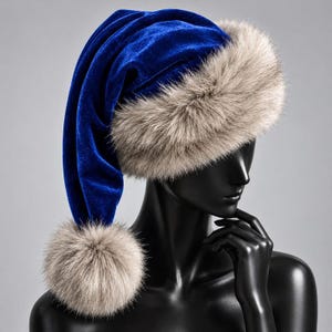 Premium Blue Velvet Christmas Hat with Soft Faux Fur Cuff image 5