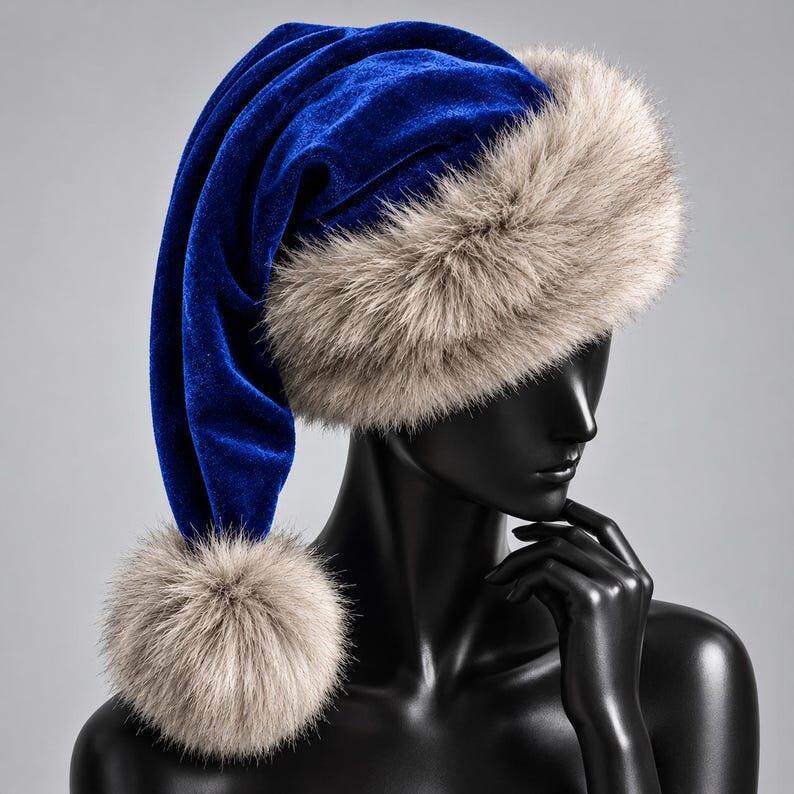 Premium Blue Velvet Christmas Hat with Soft Faux Fur Cuff image 5