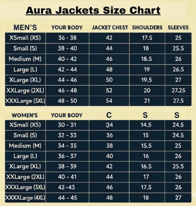 Może przedstawiać: Tabela rozmiar&oacute;w zatytułowana Aura Jackets Size Chart z dwiema sekcjami. G&oacute;rna tabela zawiera wymiary dla rozmiar&oacute;w od XS do 3XL, w tym ciało, klatkę piersiową, ramiona i rękawy. Dolna tabela zawiera rozmiary od XS do 4XL wraz z odpowiednimi pomiarami.