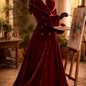 May include: A floor-length deep red velvet coat featuring a wide faux fur collar and matching faux fur cuffs. The coat is double-breasted with gold-toned buttons, a belted waist, and a full, flared skirt silhouette that reaches the floor.