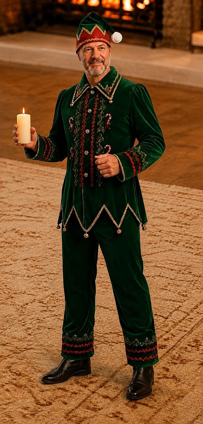 May include: A dark green velvet elf costume featuring a pointed hat with a white pom-pom, a jacket with gold trim, candy cane embroidery, and small bells along the hem, paired with matching trousers and a white pillar candle held in one hand.