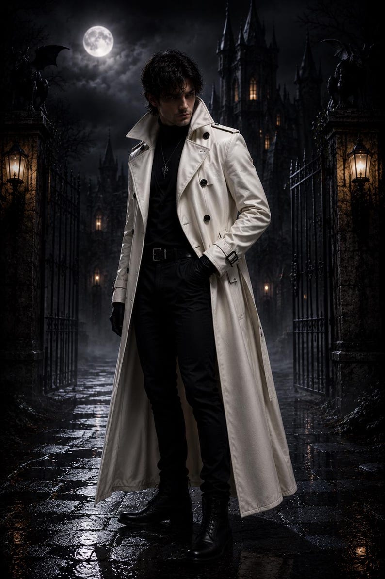 May include: A long, off-white trench coat with a wide collar and dark buttons, worn over a black turtleneck sweater, black trousers, and black boots. The outfit includes a silver pendant necklace and black gloves, creating a high-contrast look.