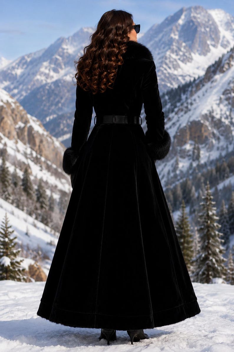 May include: A floor-length black velvet coat featuring a high collar with fur trim, long sleeves with fur-trimmed cuffs, and a matching black belt cinched at the waist. The coat has a flared skirt silhouette and is worn with black heeled boots.