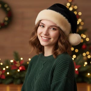 May include: A black Santa hat featuring a thick, cream-colored faux fur trim around the base and a matching cream-colored pom-pom at the tip. The hat is constructed from a soft, dark fabric and is designed to be worn on the head for the holidays.