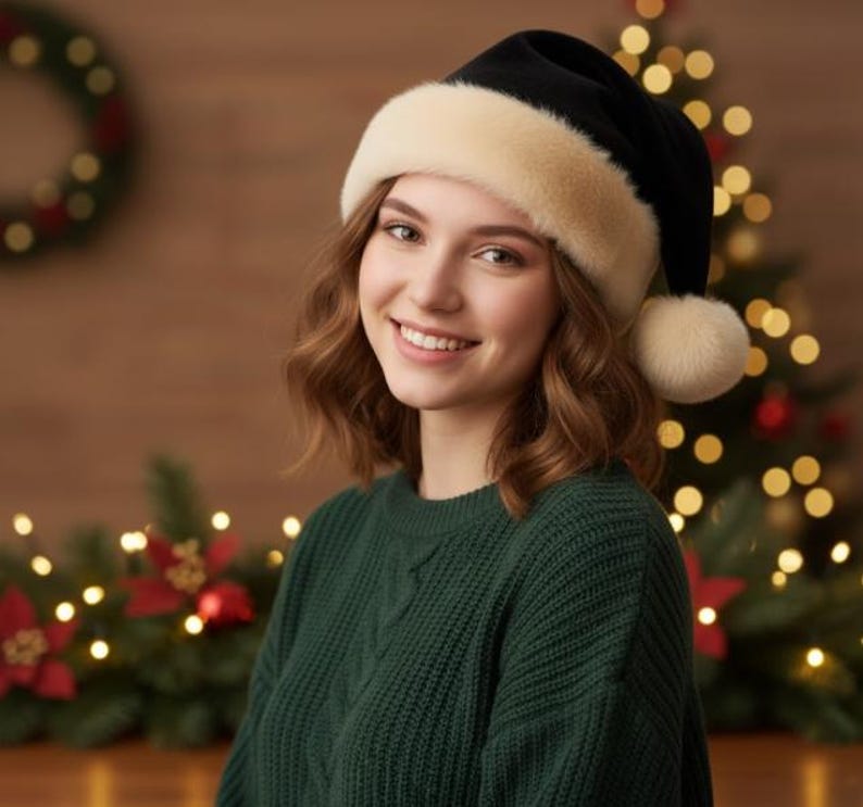 May include: A black Santa hat featuring a thick, cream-colored faux fur trim around the base and a matching cream-colored pom-pom at the tip. The hat is constructed from a soft, dark fabric and is designed to be worn on the head for the holidays.