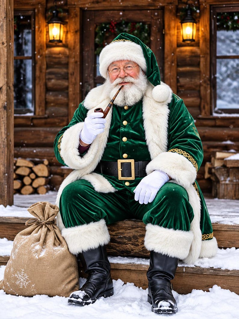 May include: A figure dressed in a deep green velvet coat and matching trousers with thick white faux fur trim, a matching hat, white gloves, a black leather belt with a gold buckle, black boots, and a brown pipe, sitting beside a burlap sack.