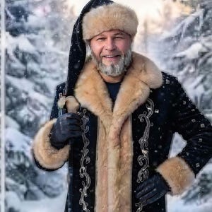 May include: A black coat with tan fur trim on the collar and cuffs, featuring silver embroidery. The coat is worn with a matching black fur hat and black leather gloves. The garment has a long, pointed black hat extension hanging down.