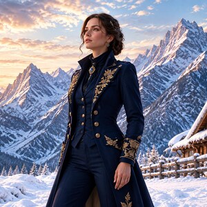 May include: A dark blue long coat featuring gold floral embroidery on the lapels and cuffs, worn over a matching dark blue vest with gold buttons and dark blue trousers, set against a backdrop of snow-covered mountains and a wooden cabin.