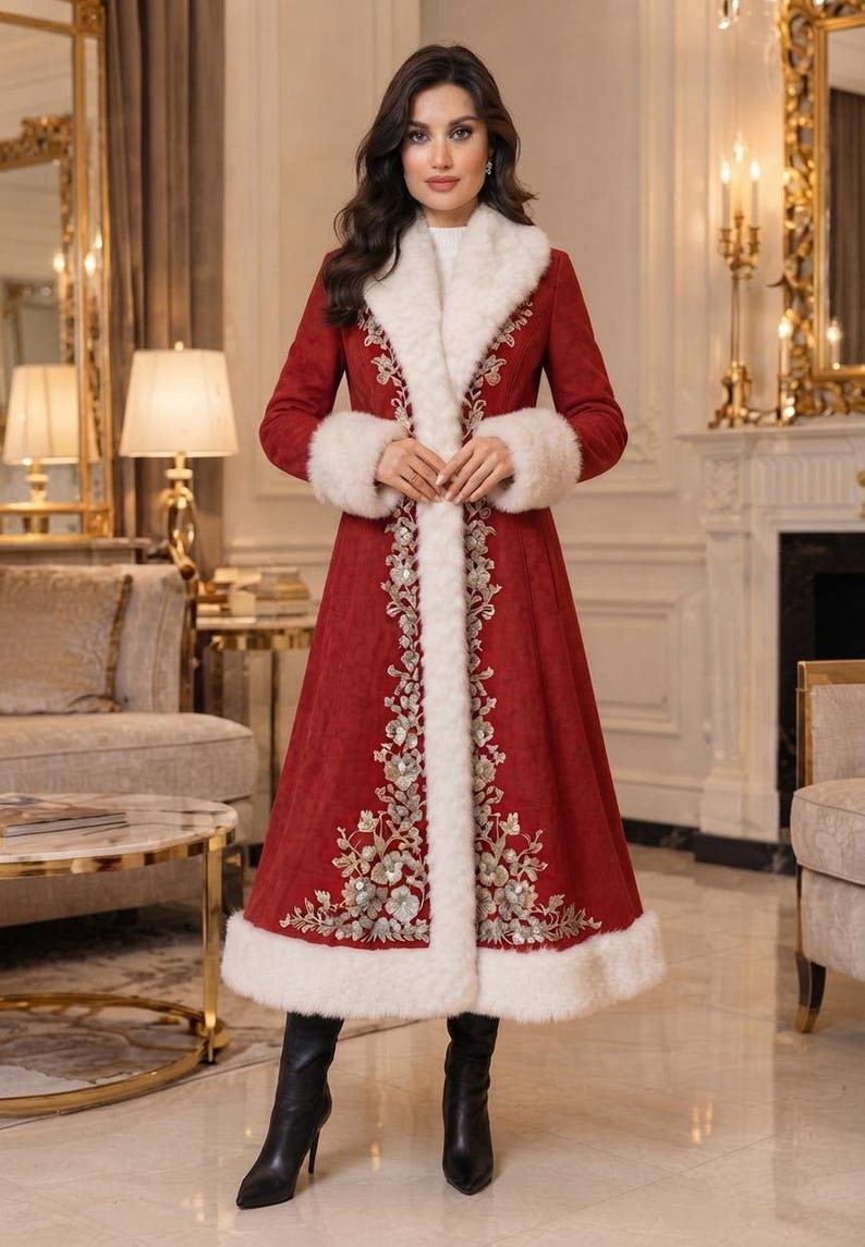 May include: A long, deep red coat featuring a thick white faux fur trim along the collar, cuffs, and hem. The front of the coat is decorated with intricate silver and white floral embroidery that runs vertically along the center opening.