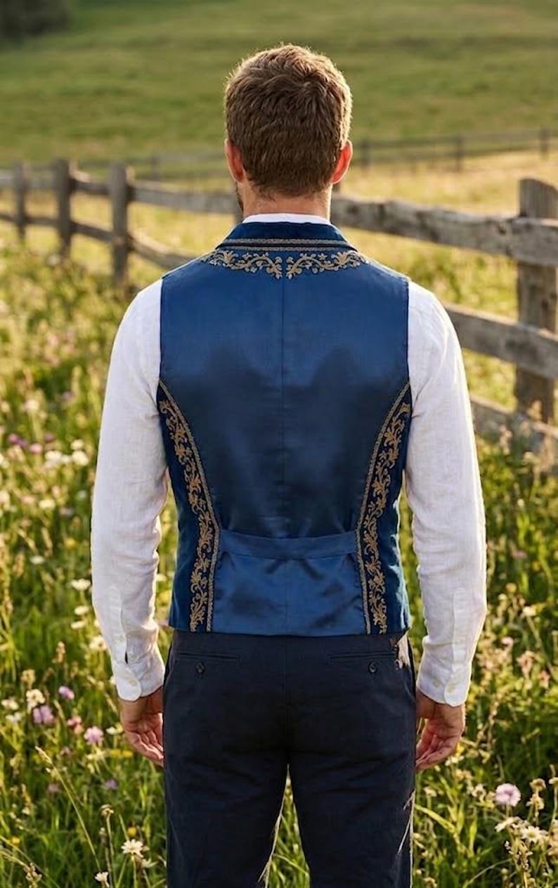 May include: A deep blue vest featuring intricate gold embroidery along the neckline and side panels. The garment is worn over a white long-sleeved shirt and paired with dark trousers, showcasing a structured fit with a buttoned back adjustment strap.