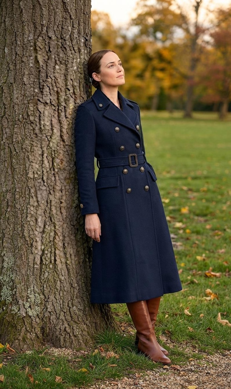 May include: A navy blue double-breasted long coat featuring a notched lapel, shoulder epaulets, and a matching waist belt with a rectangular buckle. The coat has two rows of metallic buttons and two flap pockets at the waist, paired with brown boots.