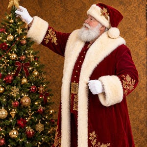 May include: A figure dressed in a deep red velvet coat and matching hat with thick white faux fur trim, gold embroidery, and white gloves, placing a gold star on top of a Christmas tree decorated with gold and red ornaments and lights.