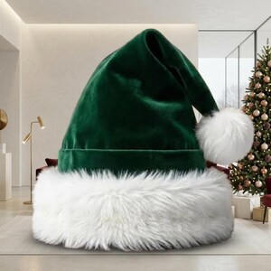 May include: A deep forest green velvet Santa hat featuring a thick, fluffy white faux fur trim around the base and a matching white faux fur pom-pom at the tip. The hat has a soft, plush texture and a classic conical shape with a folded top.