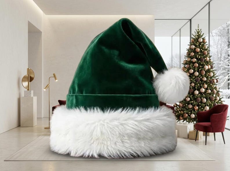 May include: A deep forest green velvet Santa hat featuring a thick, fluffy white faux fur trim around the base and a matching white faux fur pom-pom at the tip. The hat has a soft, plush texture and a classic conical shape with a folded top.