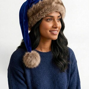 Premium Blue Velvet Christmas Hat with Soft Faux Fur Cuff image 6