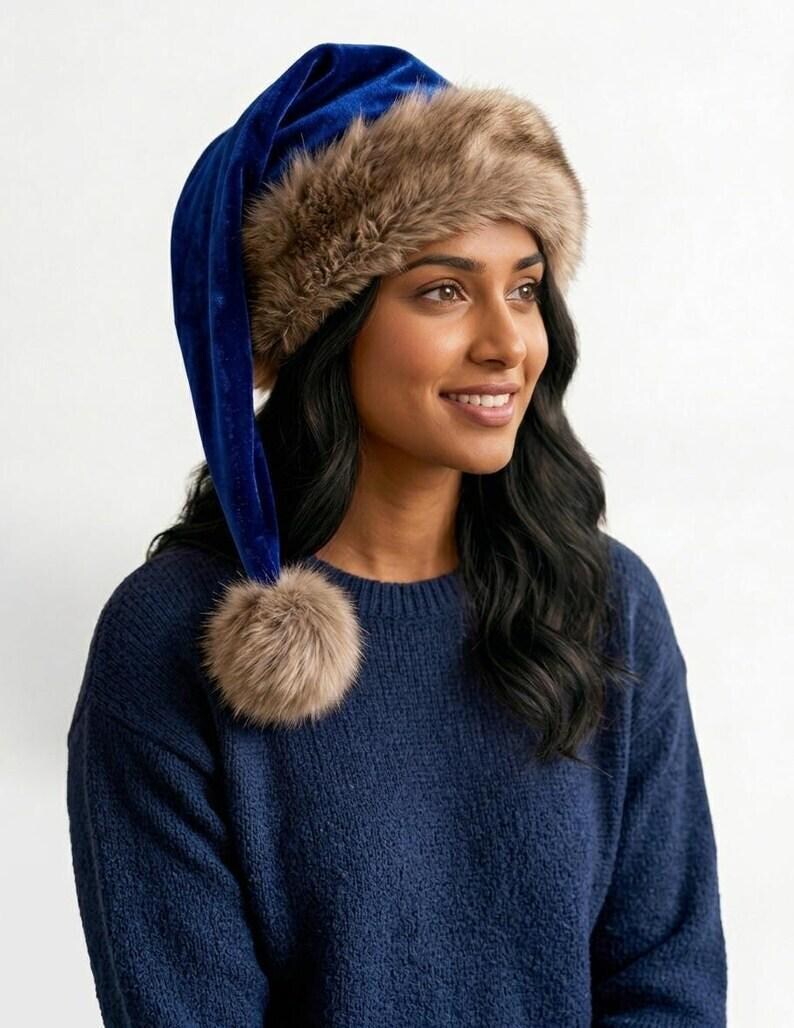 Premium Blue Velvet Christmas Hat with Soft Faux Fur Cuff image 6