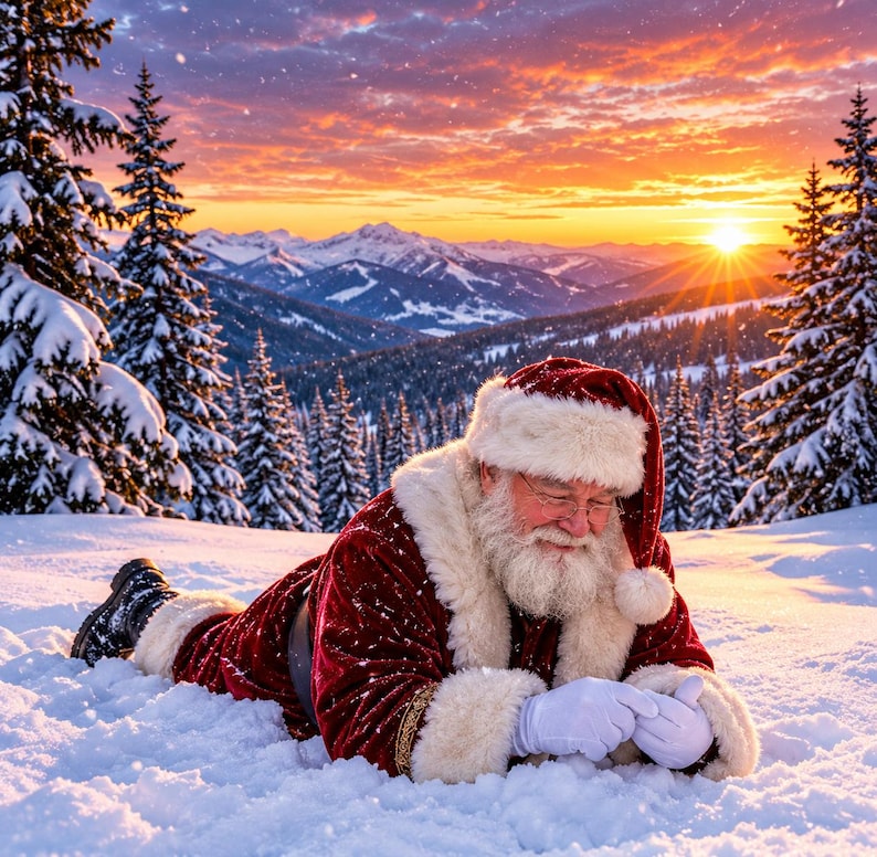 May include: Santa Claus wearing a red velvet suit with white fur trim and a matching hat, lying in deep snow. The figure has a long white beard, wears white gloves, and is positioned against a backdrop of snow-covered pine trees and mountains.