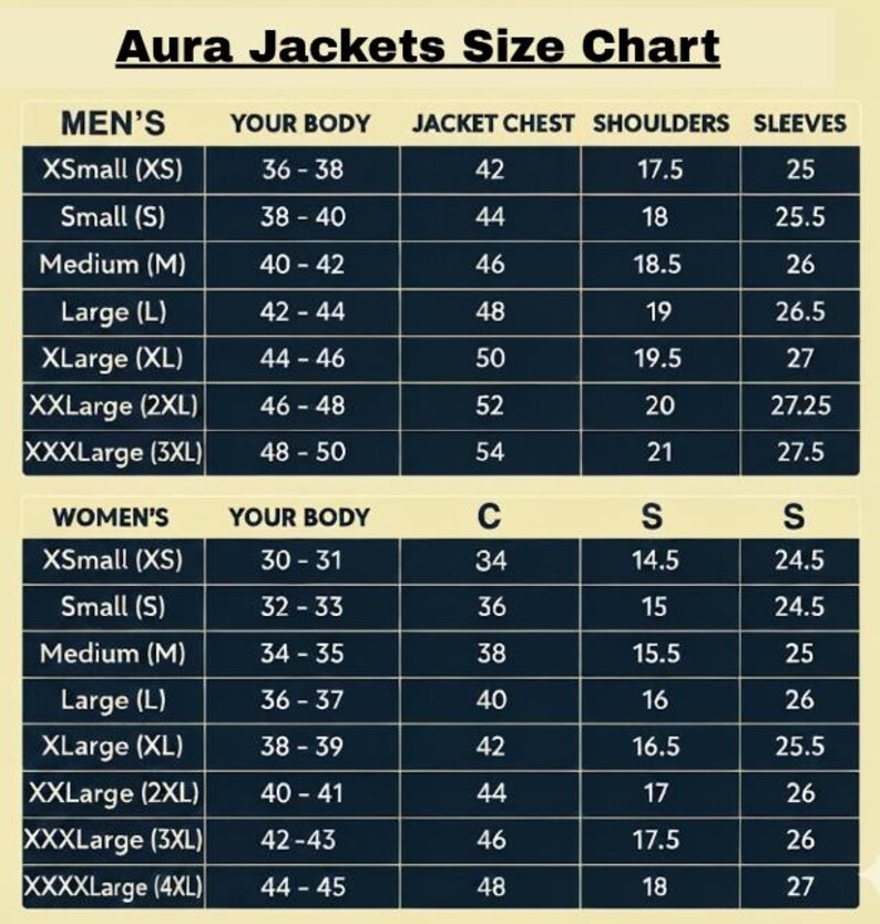 May include: A size chart for Aura Jackets with black tables on a light background. It lists measurements in inches for body, chest, shoulders, and sleeves, categorized by size from XS to 3XL for one group and XS to 4XL for another group.