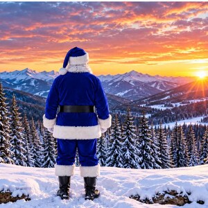 May include: A figure dressed in a vibrant blue suit with white fur trim and a matching hat stands in a snowy landscape. The individual faces a mountain range during a sunset with orange and purple clouds above a forest of snow-covered pine trees.