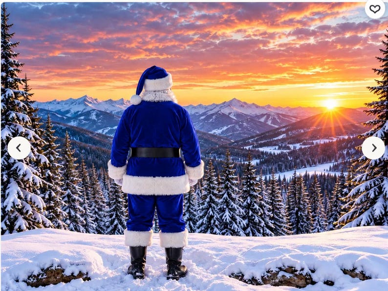 May include: A figure dressed in a vibrant blue suit with white fur trim and a matching hat stands in a snowy landscape. The individual faces a mountain range during a sunset with orange and purple clouds above a forest of snow-covered pine trees.