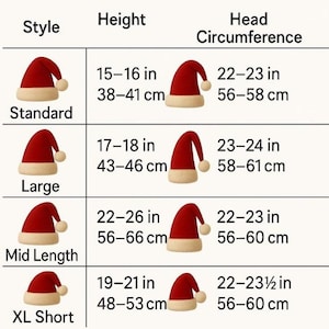 Puede incluir: Una tabla de tallas para gorros de Pap&aacute; Noel rojos y blancos con cuatro estilos: Standard, Large, Mid Length y XL Short. La tabla enumera las medidas de altura y circunferencia de la cabeza en pulgadas y cent&iacute;metros para cada estilo.