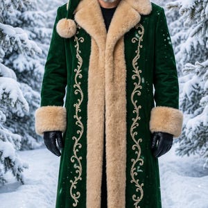 May include: A long, dark green velvet coat featuring a thick beige faux fur collar, cuffs, and hem. The coat is adorned with intricate gold embroidery along the front panels and is paired with a matching green velvet hat with a fur trim.