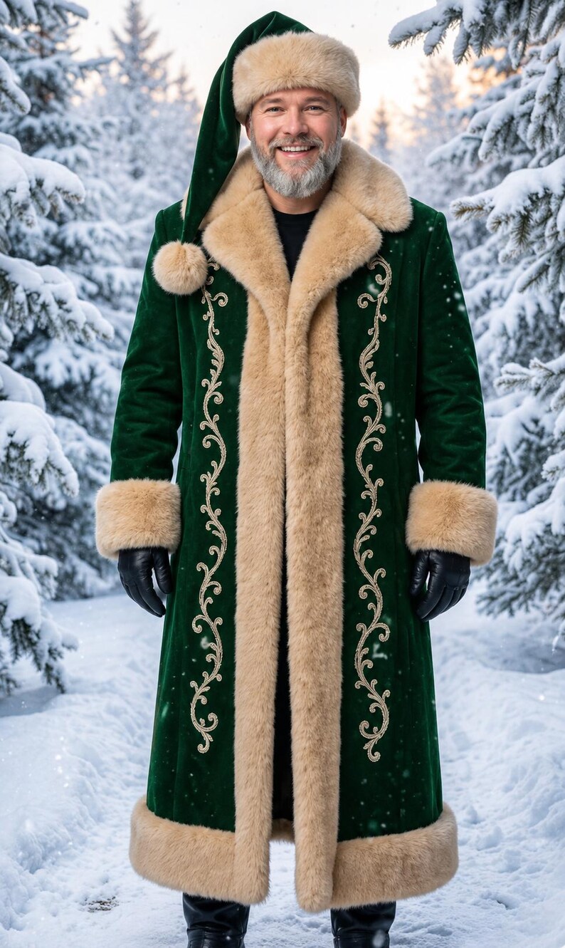 May include: A long, dark green velvet coat featuring a thick beige faux fur collar, cuffs, and hem. The coat is adorned with intricate gold embroidery along the front panels and is paired with a matching green velvet hat with a fur trim.
