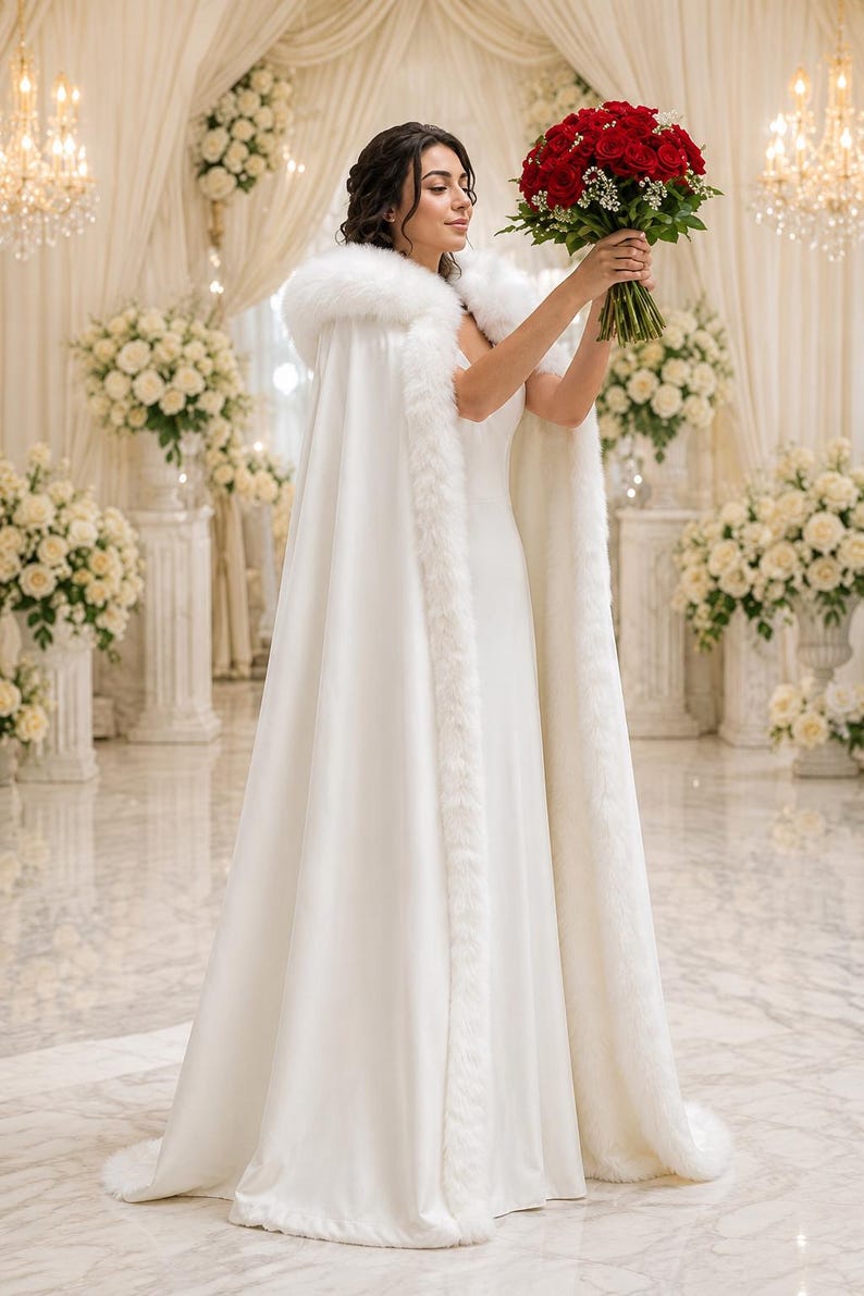 May include: A floor-length white cape featuring a thick, plush white faux fur trim along the hood and front edges, worn over a simple white gown. The garment is paired with a vibrant bouquet of deep red roses with green stems and leaves.