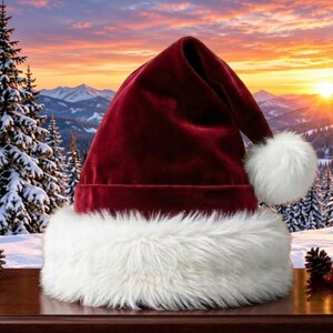 May include: A deep red velvet Santa hat featuring a thick, fluffy white faux fur trim around the base and a matching white faux fur pom-pom at the tip. The hat is displayed against a backdrop of a snowy mountain landscape at sunset.