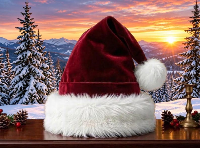 May include: A deep red velvet Santa hat featuring a thick, fluffy white faux fur trim around the base and a matching white faux fur pom-pom at the tip. The hat is displayed against a backdrop of a snowy mountain landscape at sunset.