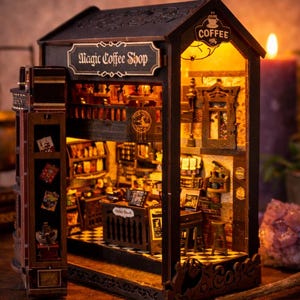 Rincón de lectura mágico para cafetería, totalmente ensamblado, con estantería LED de estilo brujo.